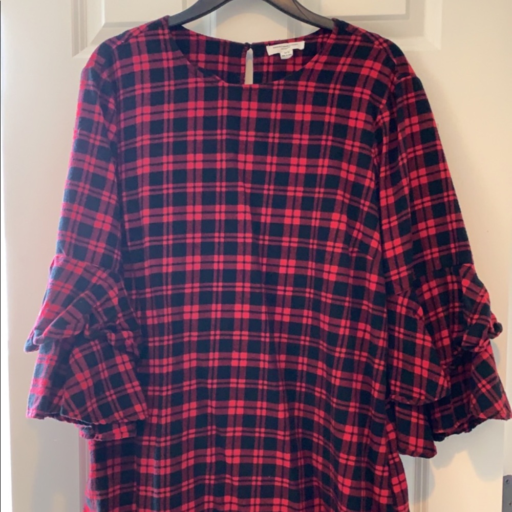 Buffalo plaid dress with ruffle bell sleeve